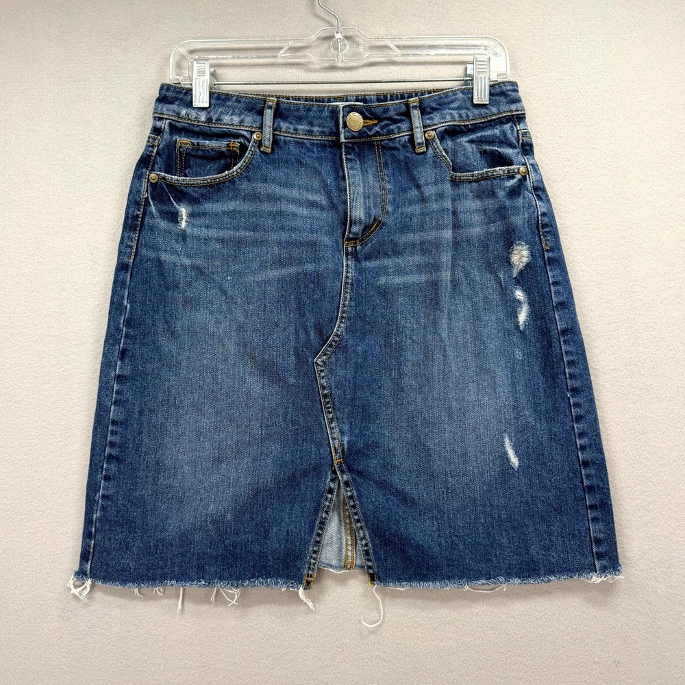 Vintage LOFT Straight Pencil Skirt Womens 4 Blue Denim Distressed Raw Frayed Hem